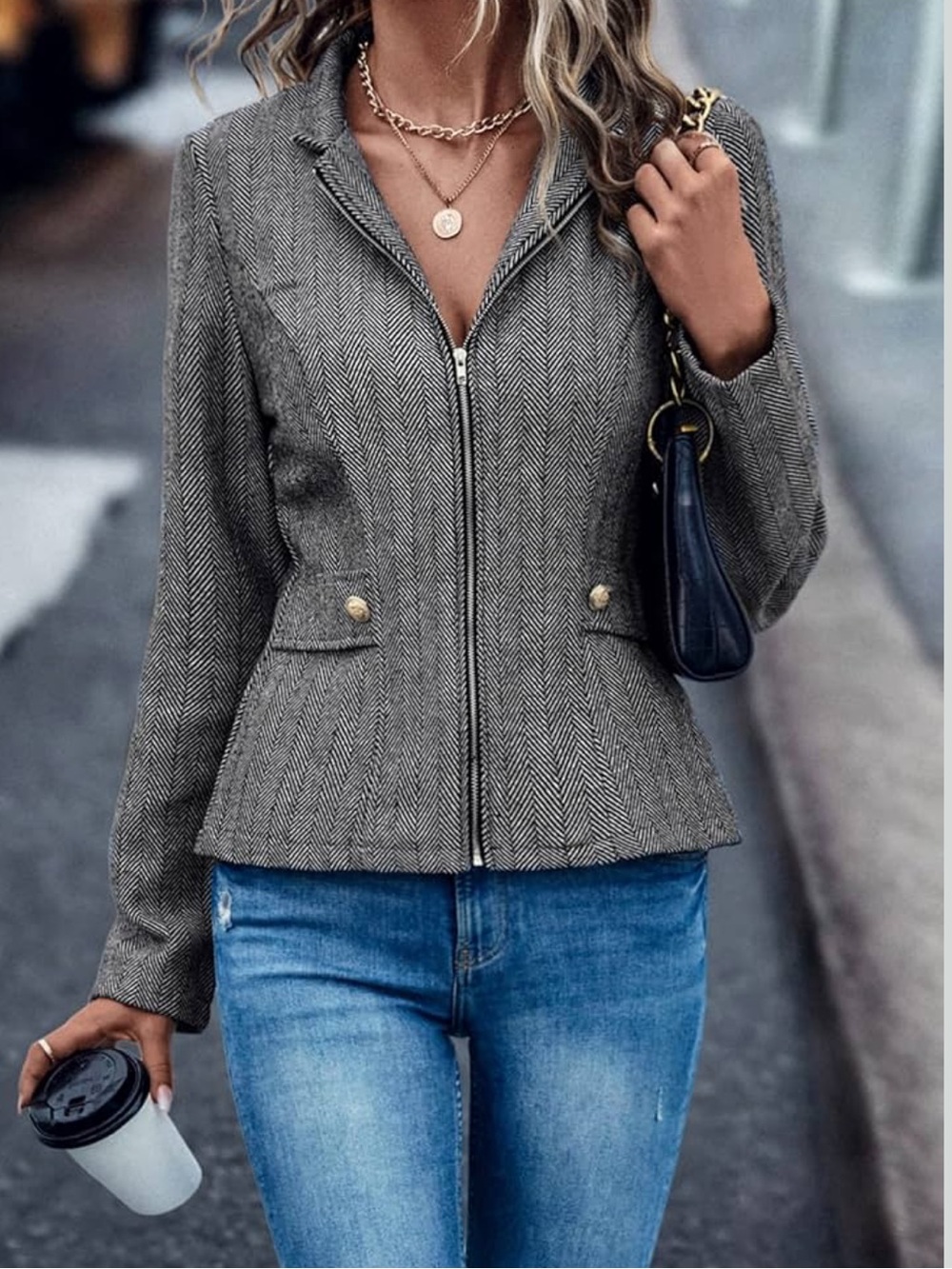 Herringbone Blazer Large SHEIN Black & White Tweed Zip-Front Flap Detail Jacket - Picture 3 of 16